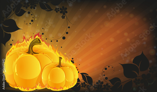 Vector: Burning pumpkins on radiant background Burning pumpkins on radiant background