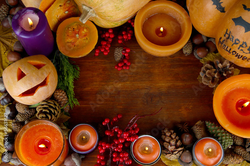 Photo: Composition for Halloween with on wooden table close-up Composition for Halloween with on wooden table close-up