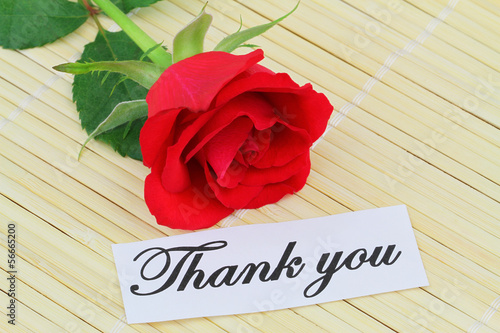 Photo: Thank you card with one red rose on bamboo mat Thank you card with one red rose on bamboo mat