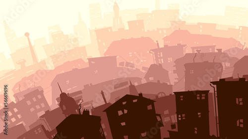 Vector: Abstract illustration of big city in sunset. Abstract illustration of big city in sunset.