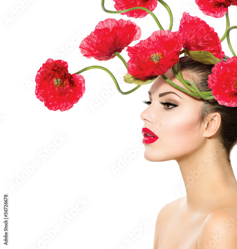 Photo: Beauty Fashion Model Woman with Red Poppy Flowers in her Hair Beauty Fashion Model Woman with Red Poppy Flowers in her Hair