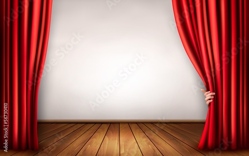 Vector: Background with red velvet curtain and hand. Vector illustration Background with red velvet curtain and hand. Vector illustration