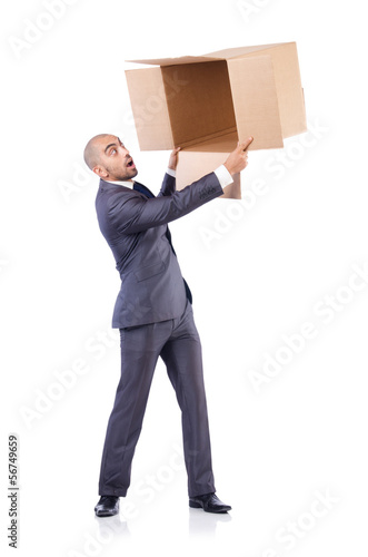 Photo: Businessman with box isolated on the white Businessman with box isolated on the white