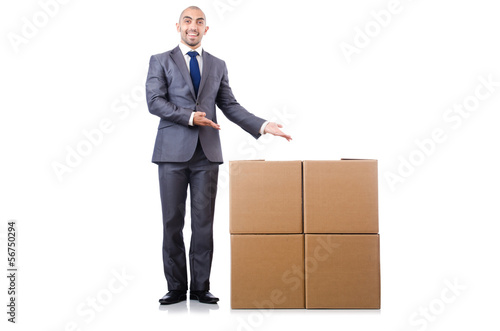 Photo: Businessman with box isolated on the white Businessman with box isolated on the white