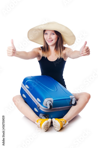 Photo: Young girl travelling isolated on the white Young girl travelling isolated on the white