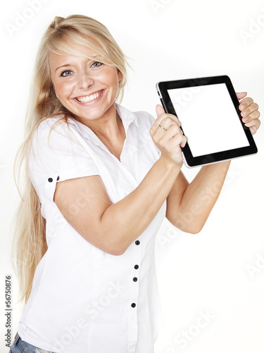 Photo: Woman is happy to have a tablet pc Woman is happy to have a tablet pc
