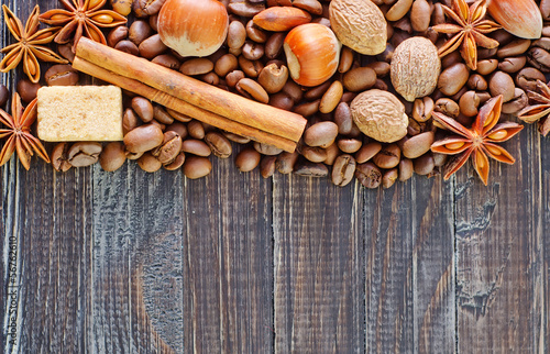 Photo: coffee and aroma spice on wooden background coffee and aroma spice on wooden background