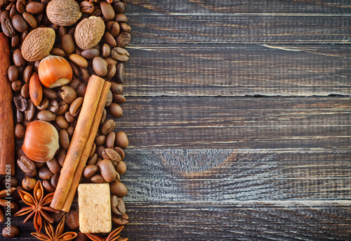 Photo: coffee and aroma spice on wooden background coffee and aroma spice on wooden background