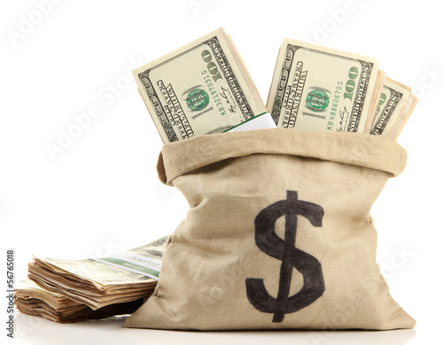 Photo: Money in bag isolated on white Money in bag isolated on white