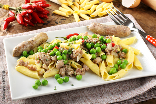 Photo: Egg pasta with sausage and peas Egg pasta with sausage and peas