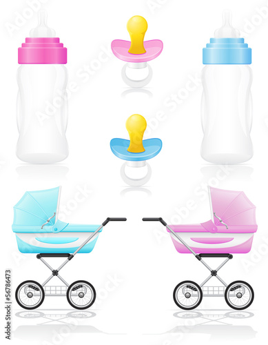 Vector: set icons perambulator bottle pacifier pink and blue vector illu set icons perambulator bottle pacifier pink and blue vector illu