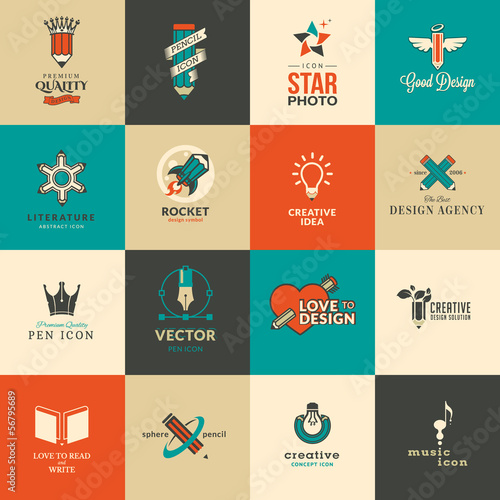 Vector: Set of icons and stickers for art and education Set of icons and stickers for art and education