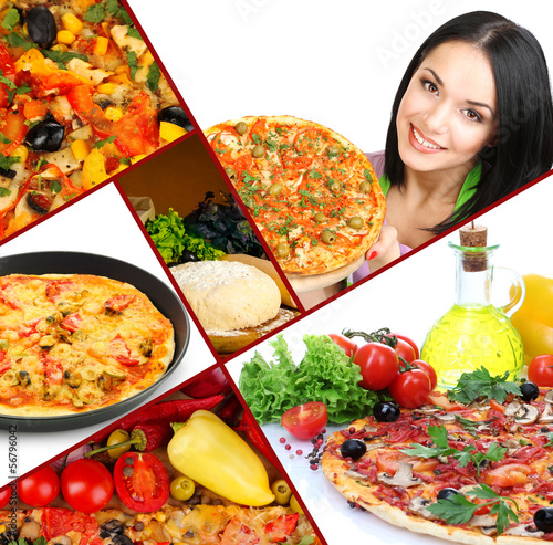 Photo: Collage of delicious pizza with ingredients Collage of delicious pizza with ingredients