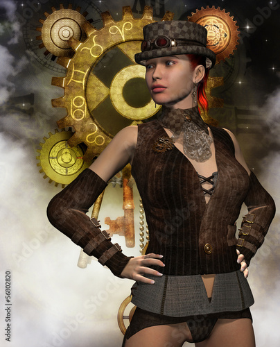 Illustration: Steampunk Frau vor einem Getriebe Steampunk Frau vor einem Getriebe