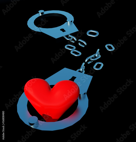 Illustration: Handcuffs and heart symbol composition. Handcuffs and heart symbol composition.