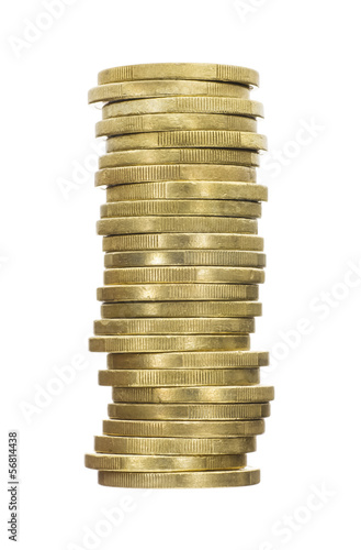 Photo: Crooked Stack of Shiny Gold Coins Isolated on White Crooked Stack of Shiny Gold Coins Isolated on White