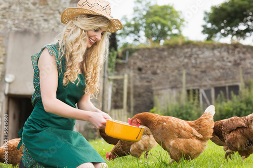 Photo: Young blonde feeding her chickens Young blonde feeding her chickens