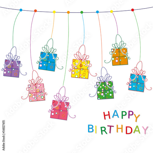Vector: Birthday card with hanging presents Birthday card with hanging presents