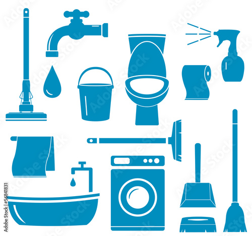 Vector: set blue isolated objects for home work cleaning set blue isolated objects for home work cleaning