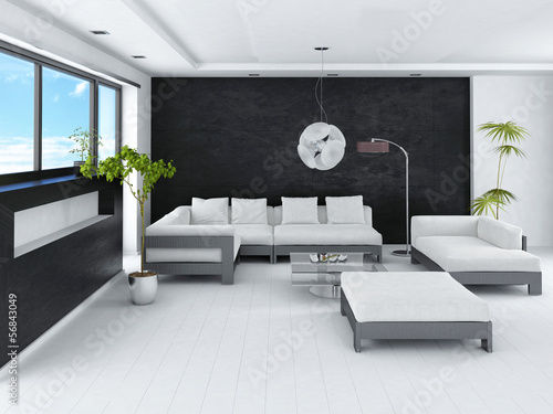 Illustration: Ultramodern loft living room interior with black stone wall Ultramodern loft living room interior with black stone wall