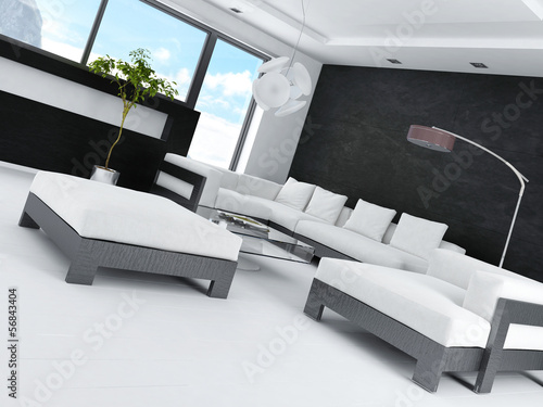 Illustration: Modern Design Black and White Living Room Interior Modern Design Black and White Living Room Interior