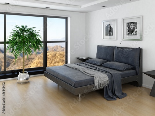 Illustration: Comfortable bedroom interior with grey double bed Comfortable bedroom interior with grey double bed