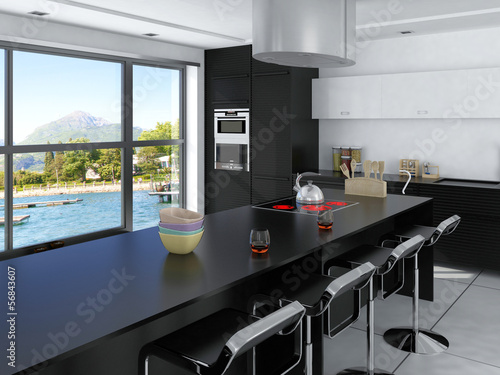 Illustration: Luxury kitchen interior with floor to ceiling windows Luxury kitchen interior with floor to ceiling windows