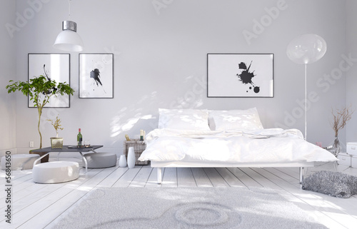 Illustration: White light bedroom interior with double bed White light bedroom interior with double bed