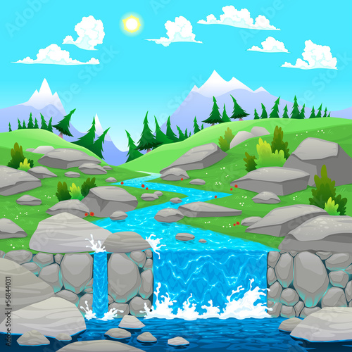 Vector: Mountain landscape with river. Mountain landscape with river.