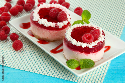 Photo: Delicious berry cakes on plate on table close-up Delicious berry cakes on plate on table close-up