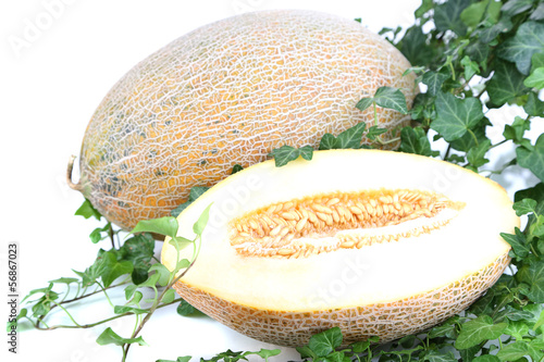 Photo: Ripe melons in leaves isolated on white Ripe melons in leaves isolated on white