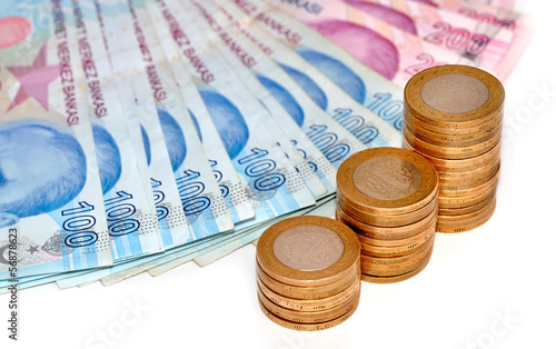 Photo: pile of Turkish coins isoladet pile of Turkish coins isoladet