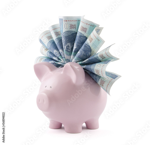 Photo: Piggy bank with polish money. Clipping path included. Piggy bank with polish money. Clipping path included.