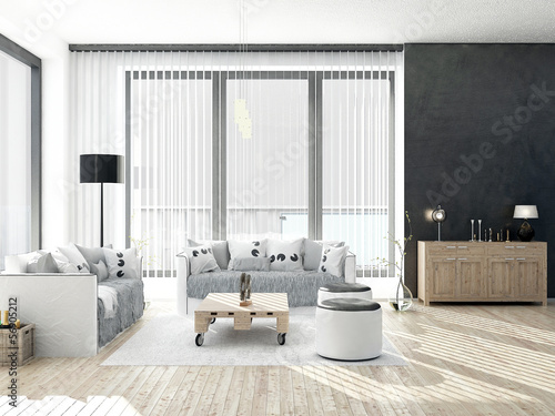 Illustration: Black and white colored Living Room with floor to ceiling window Black and white colored Living Room with floor to ceiling window