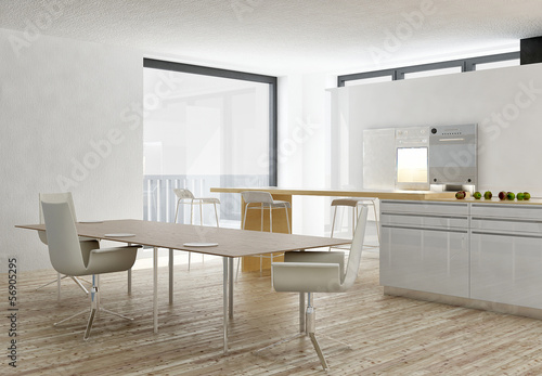 Illustration: Modern white kitchen interior with wooden floor Modern white kitchen interior with wooden floor