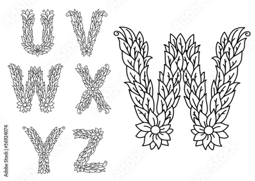 Vector: U, v, w, x, y and z floral letters U, v, w, x, y and z floral letters