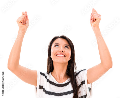 Photo: Woman holding up imaginary object Woman holding up imaginary object