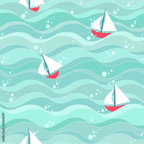 Vector: Colorful sea waves pattern with boats Colorful sea waves pattern with boats