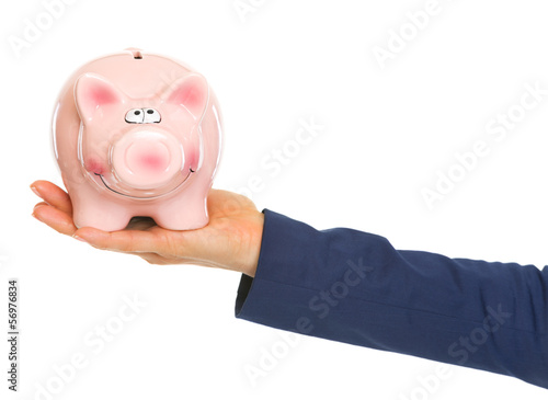 Photo: Closeup on hand of business woman holding piggy bank Closeup on hand of business woman holding piggy bank
