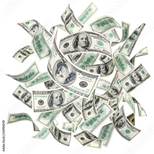 Photo: Falling dollars isolated on white background Falling dollars isolated on white background