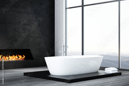 Illustration: Dark luxury bathroom interior with bathtub and fireplace Dark luxury bathroom interior with bathtub and fireplace