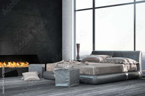 Illustration: Luxury Bedroom interior with wooden floor and fireplace Luxury Bedroom interior with wooden floor and fireplace
