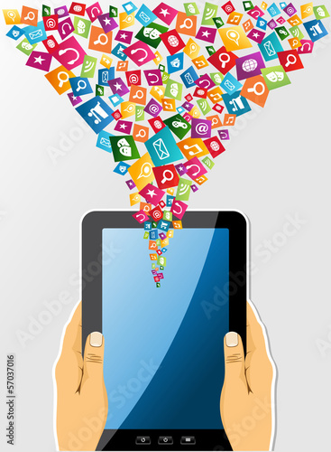 Vector: Human hands holds a tablet pc social media icons. Human hands holds a tablet pc social media icons.