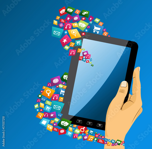 Vector: Human hand with tablet pc social media icons. Human hand with tablet pc social media icons.