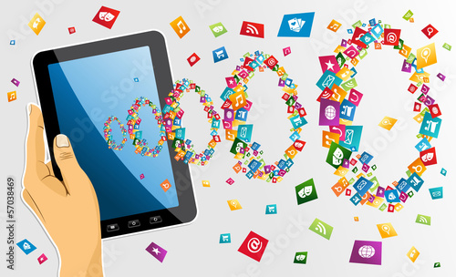 Vector: Human hand holds tablet pc with app icons. Human hand holds tablet pc with app icons.