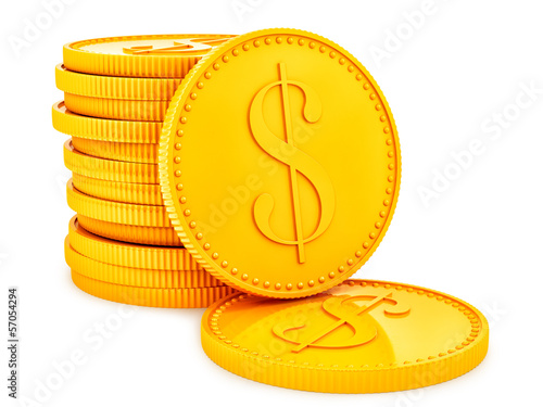 Illustration: render of gold coins, isolated on white render of gold coins, isolated on white