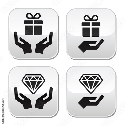 Vector: Hands with present and diamond buttons set Hands with present and diamond buttons set
