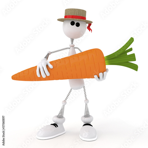 Illustration: The 3D white little man with carrot. The 3D white little man with carrot.