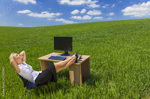 Photo: Businesswoman Relaxing Office Desk Green Field Businesswoman Relaxing Office Desk Green Field
