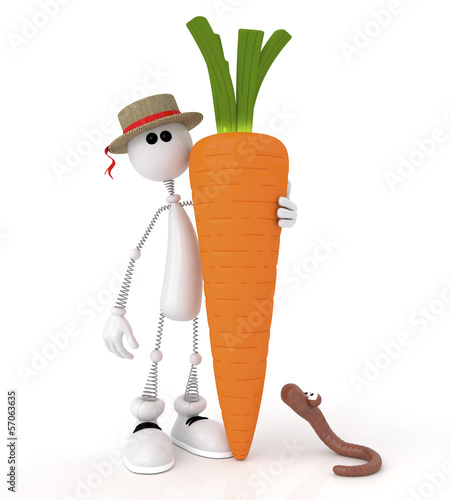 Illustration: The 3D white little man with carrot. The 3D white little man with carrot.